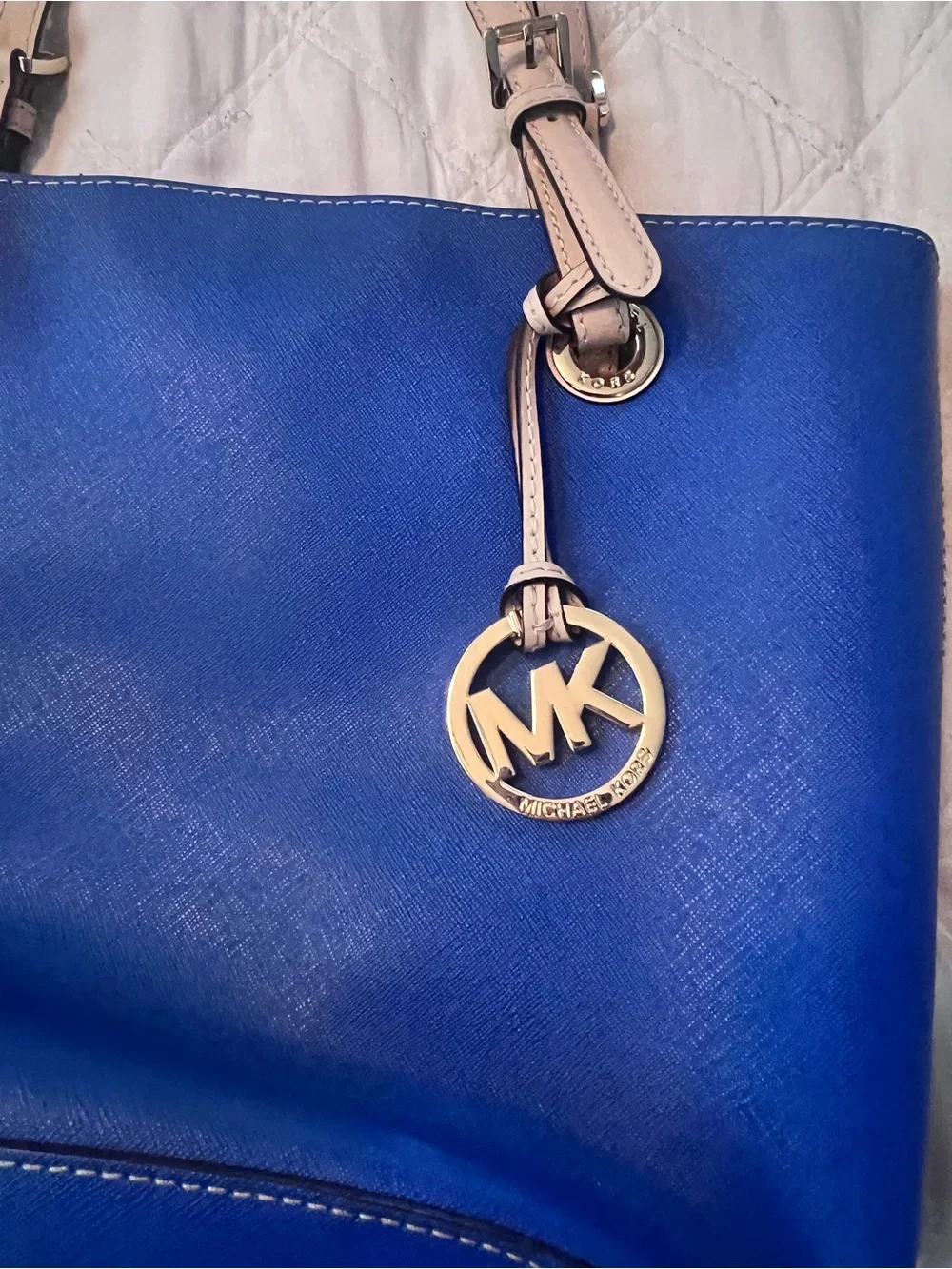 Michael Kors Cobalt Blue Leather Tote with Blush Straps